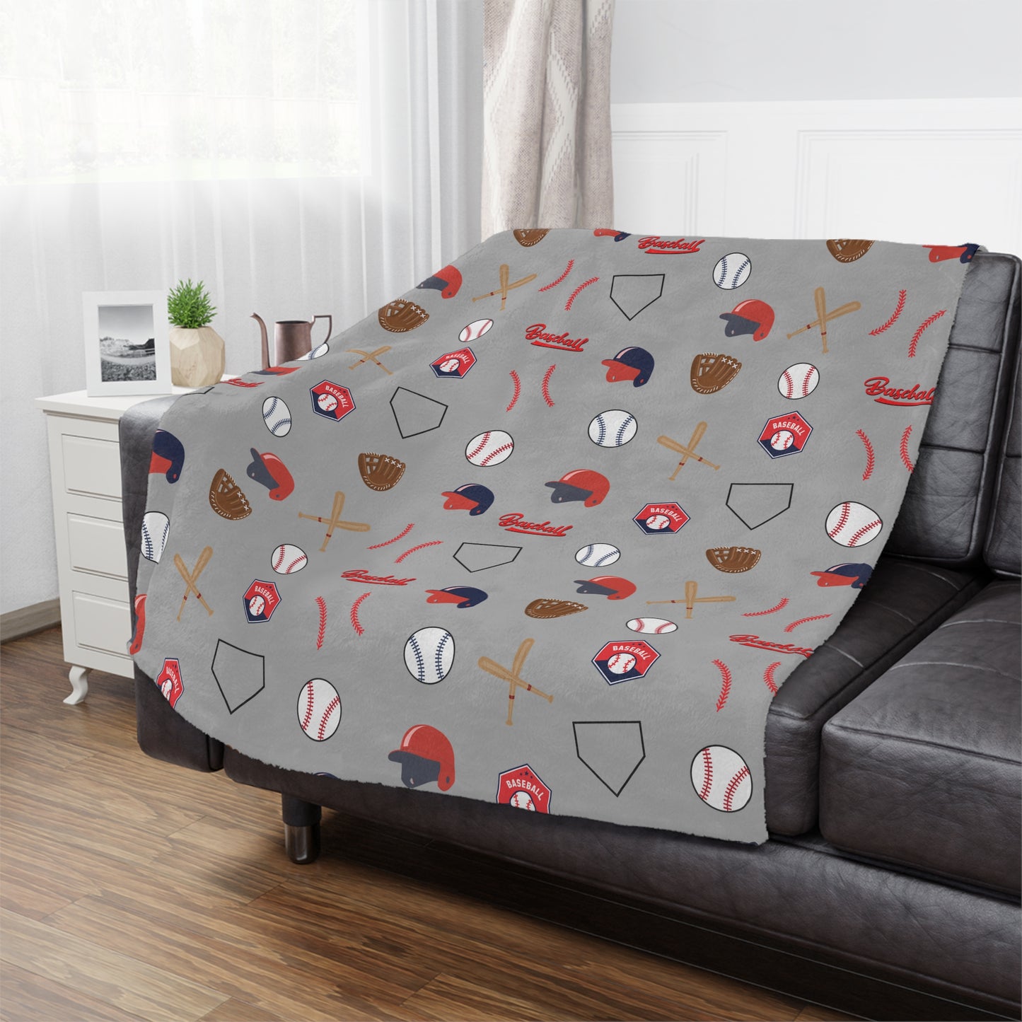 Gray Baseball Velveteen Plush Blanket